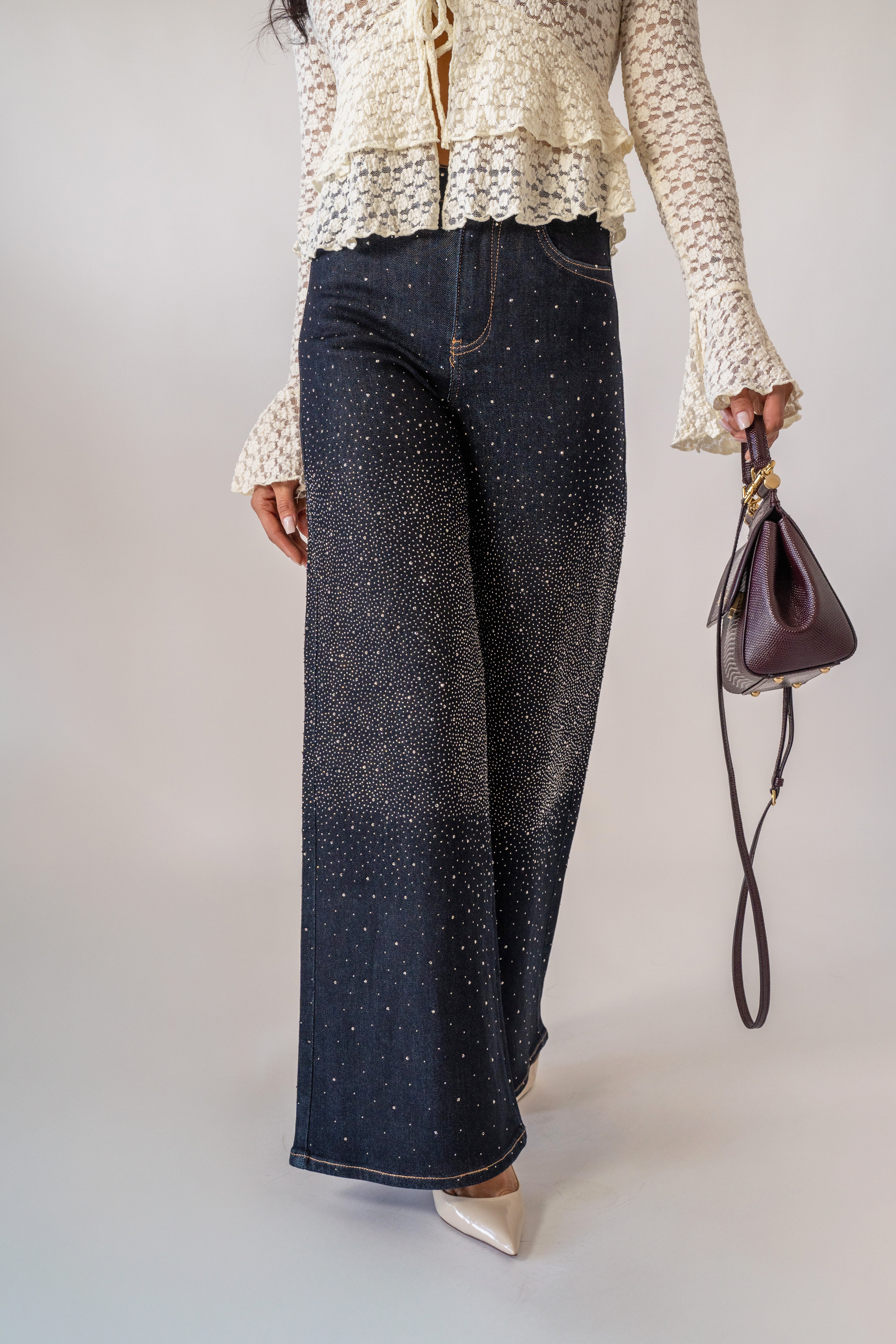 Jeans Palazzo Con Strass