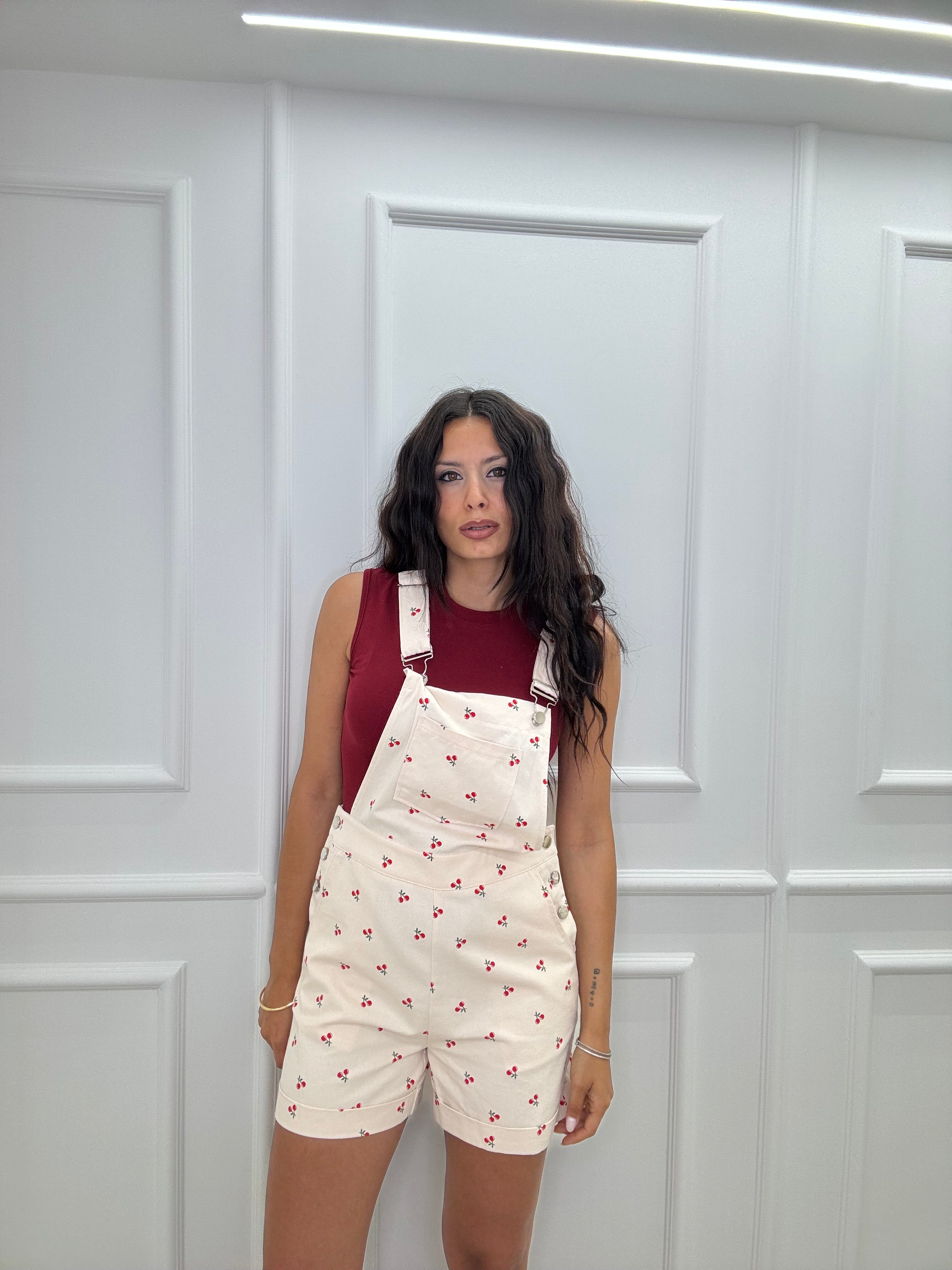 Salopette In Denim Con Ciliegie