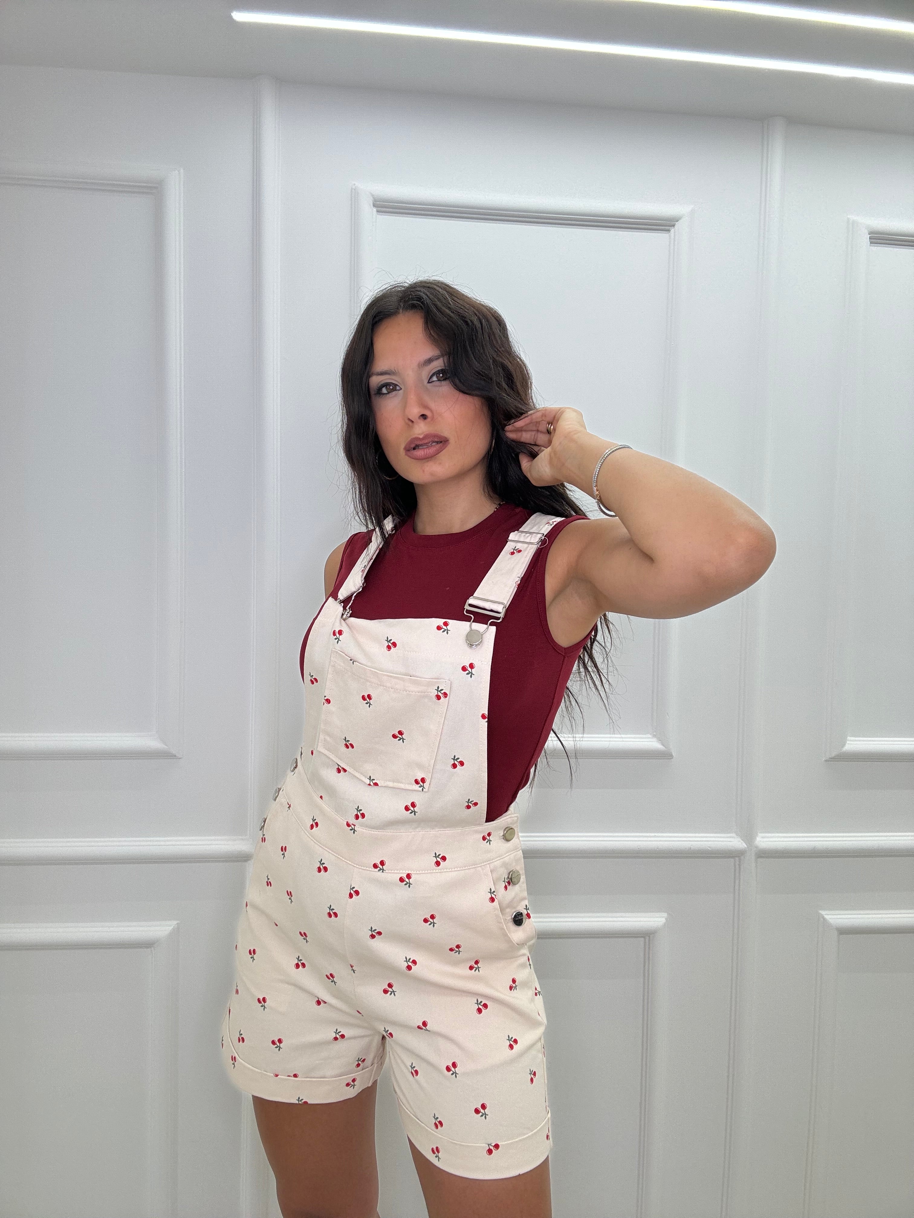 Salopette In Denim Con Ciliegie