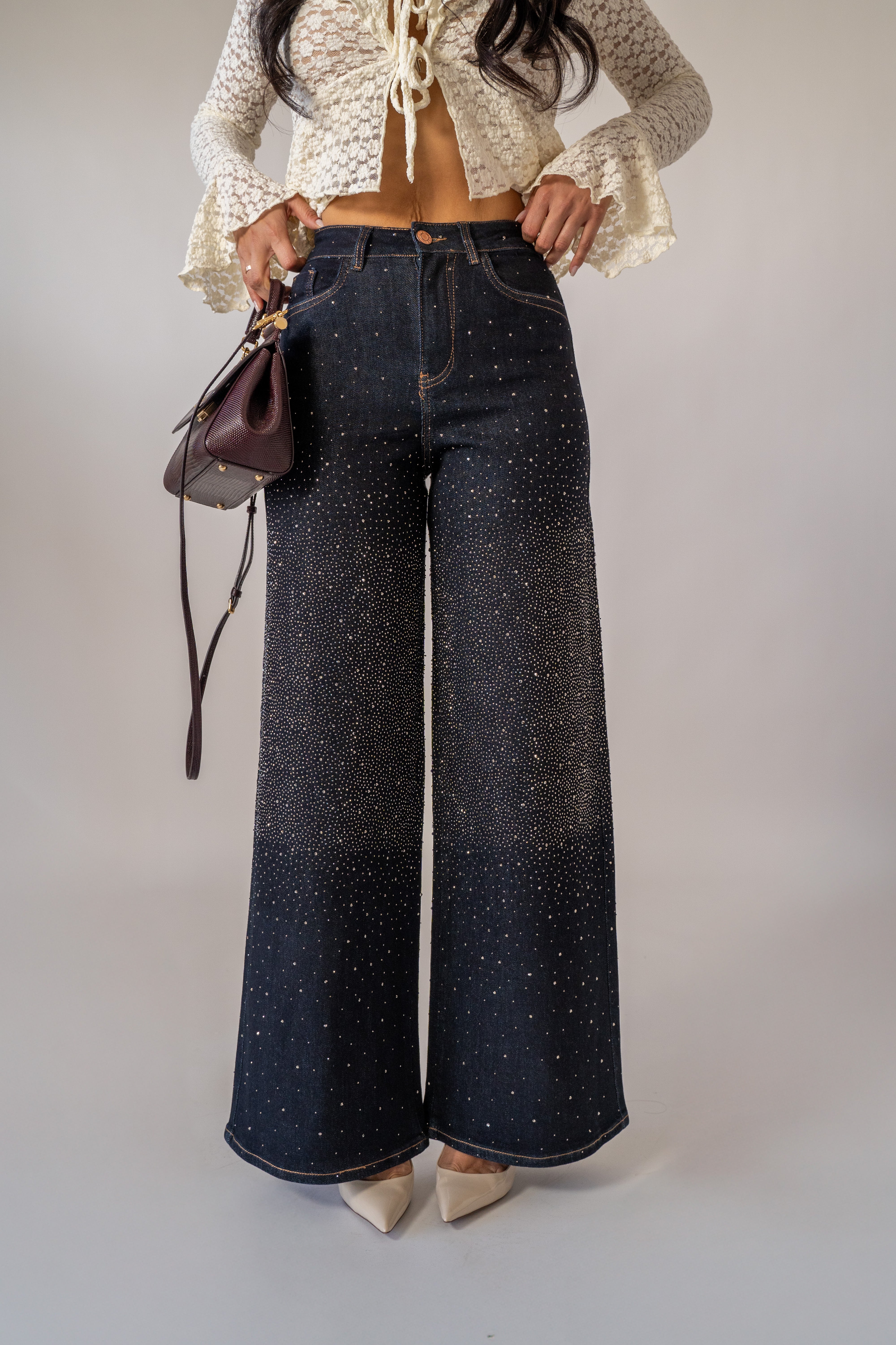 Jeans Palazzo Con Strass