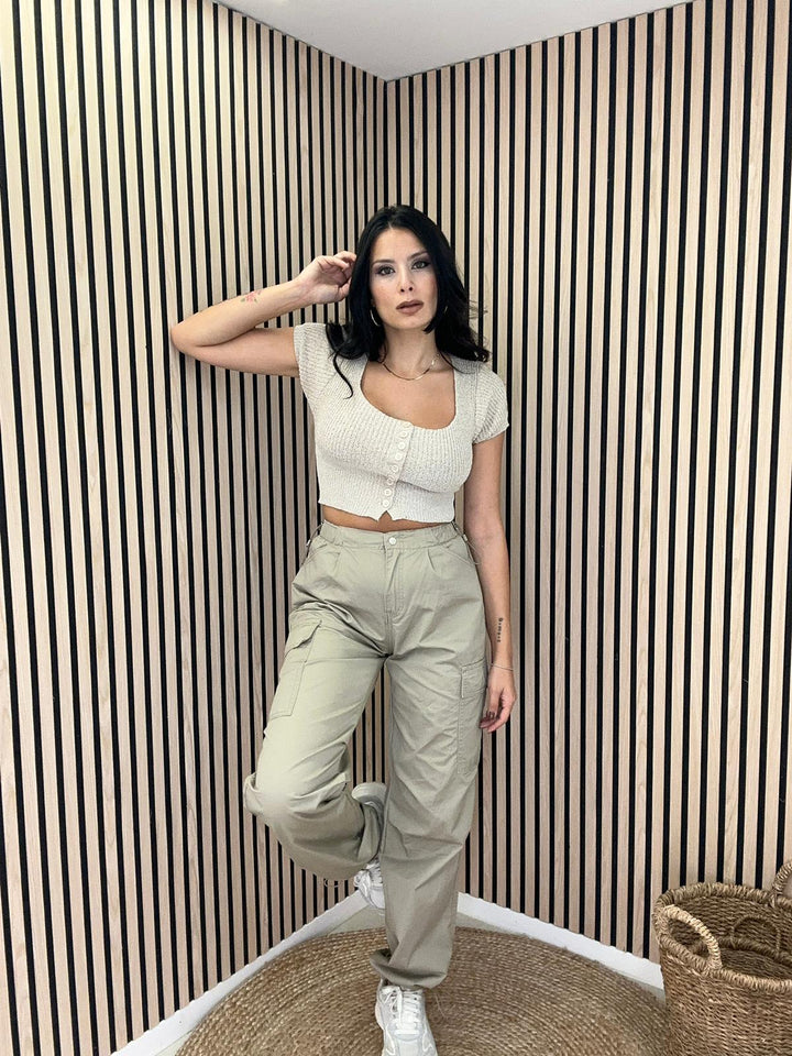 Maglia Crop A Costine Con Bottoni