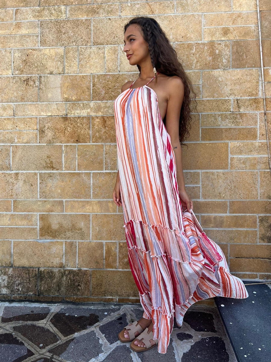 Vestito Lungo Multicolore Con Scollo Halter