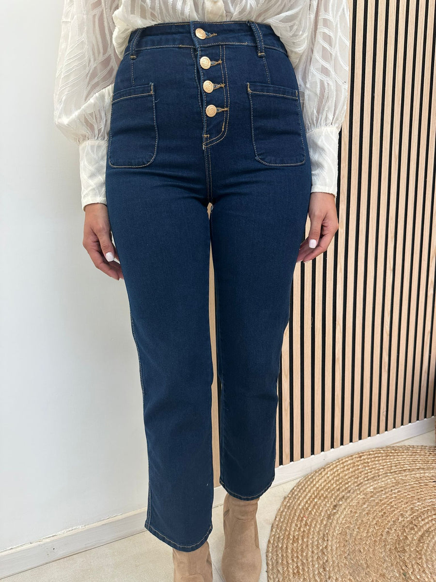 Jeans Con Bottoni Oro E Tasche Frontali