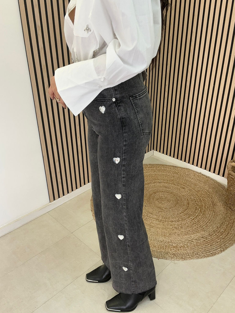 Jeans A Palazzo Con Cuori In Strass
