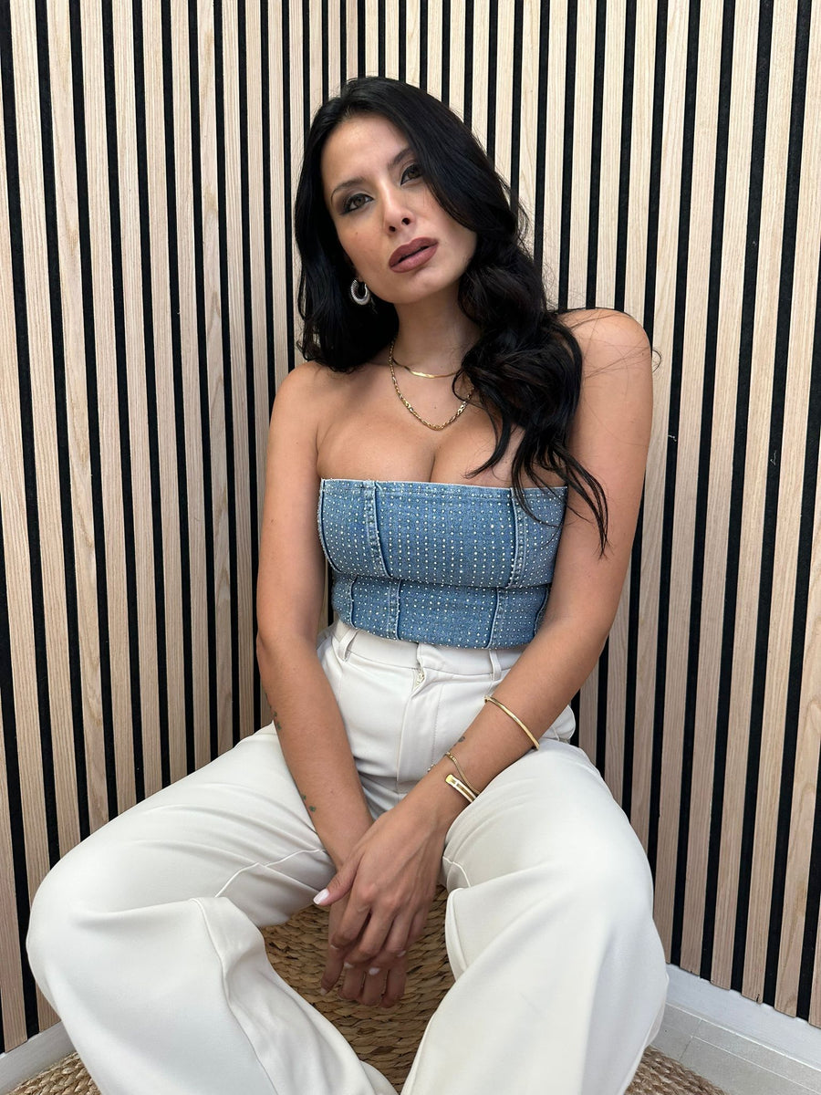Corpetto In Denim Con Strass