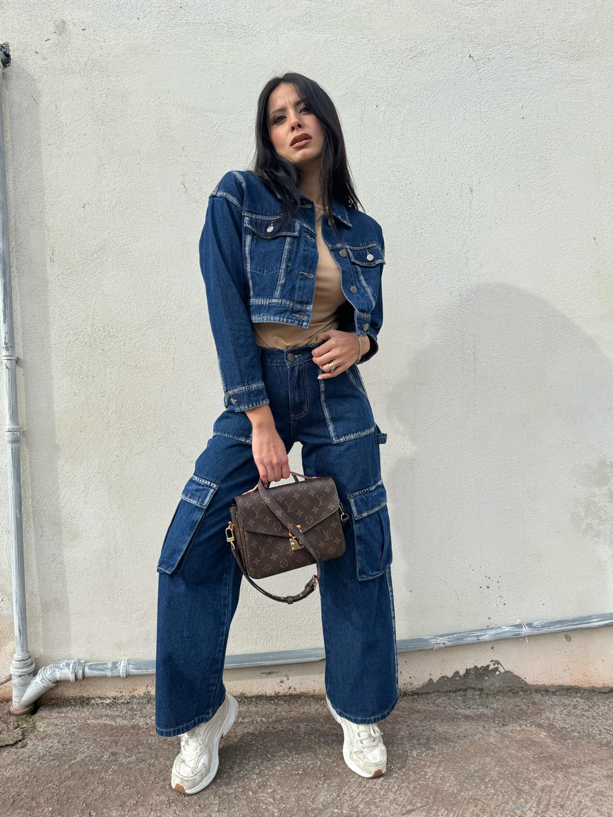 Coord Set In Denim Giacca Crop E Jeans Cargo