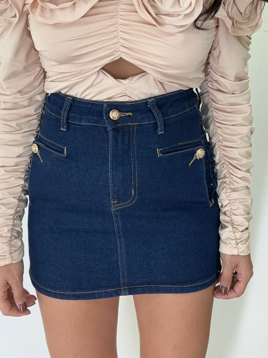 Minigonna Denim Blu Con Bottoni Oro
