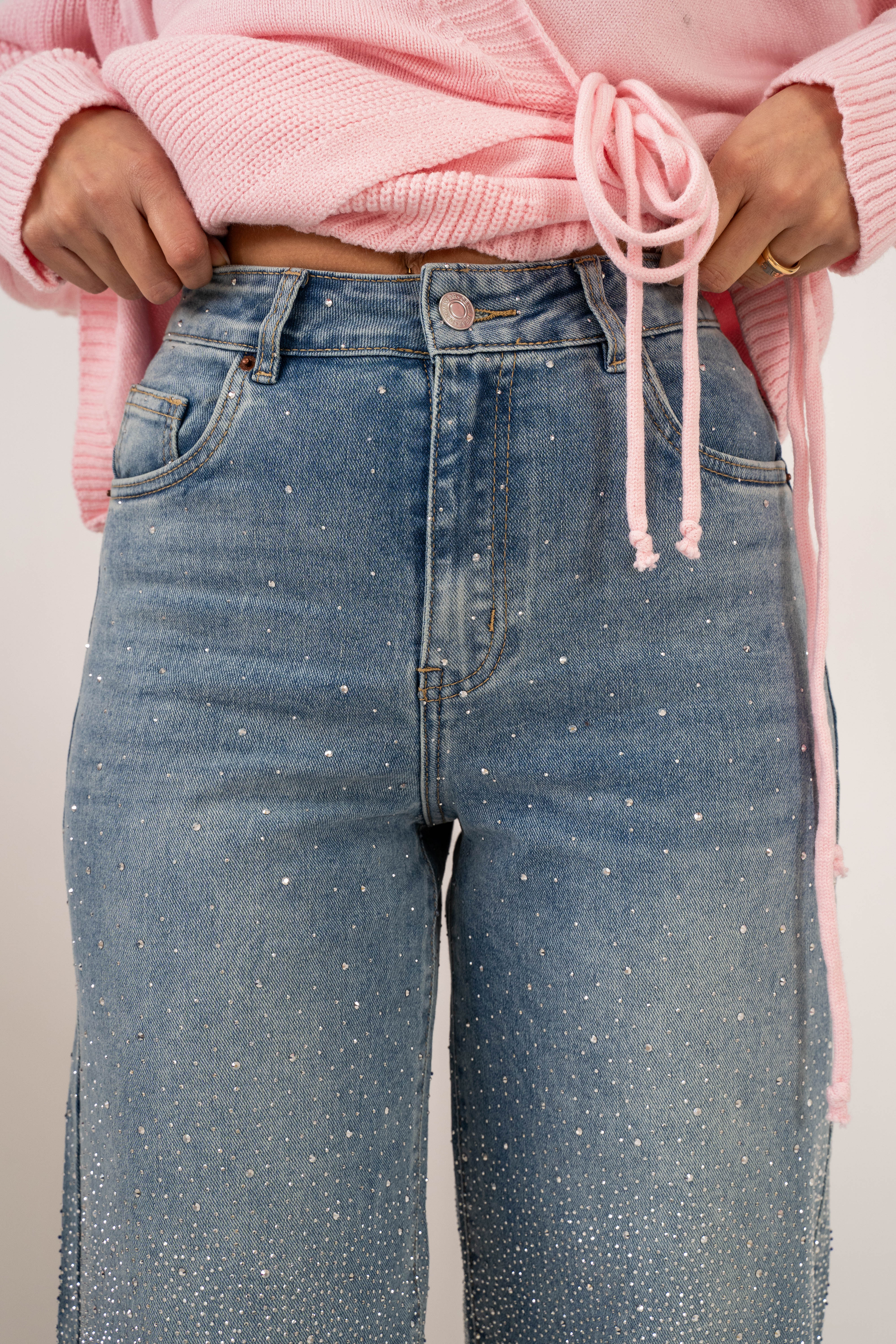 Jeans Wide Balloon Con Strass