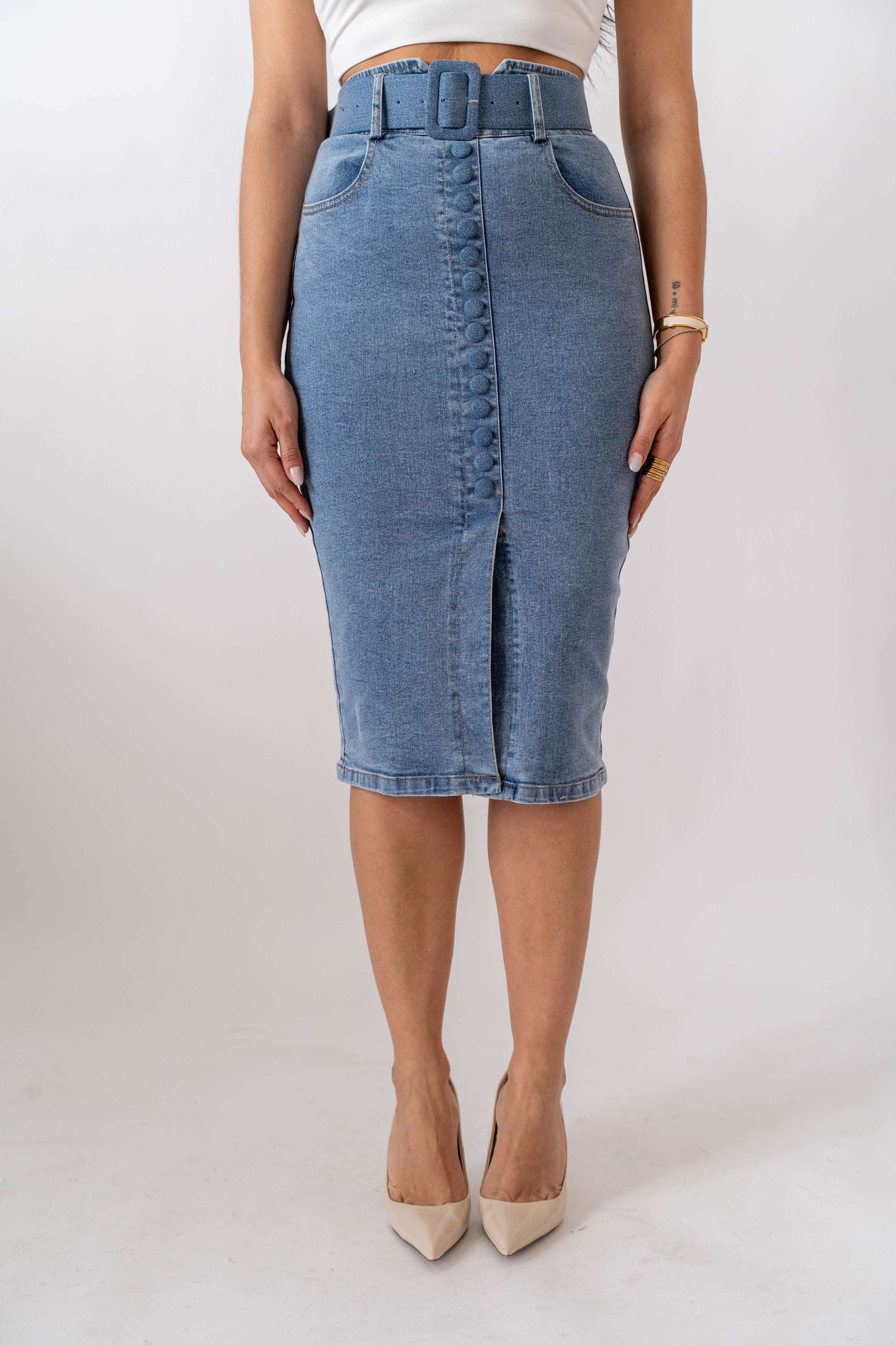 Gonna Longuette In Denim Con Cintura - Stylish Moda