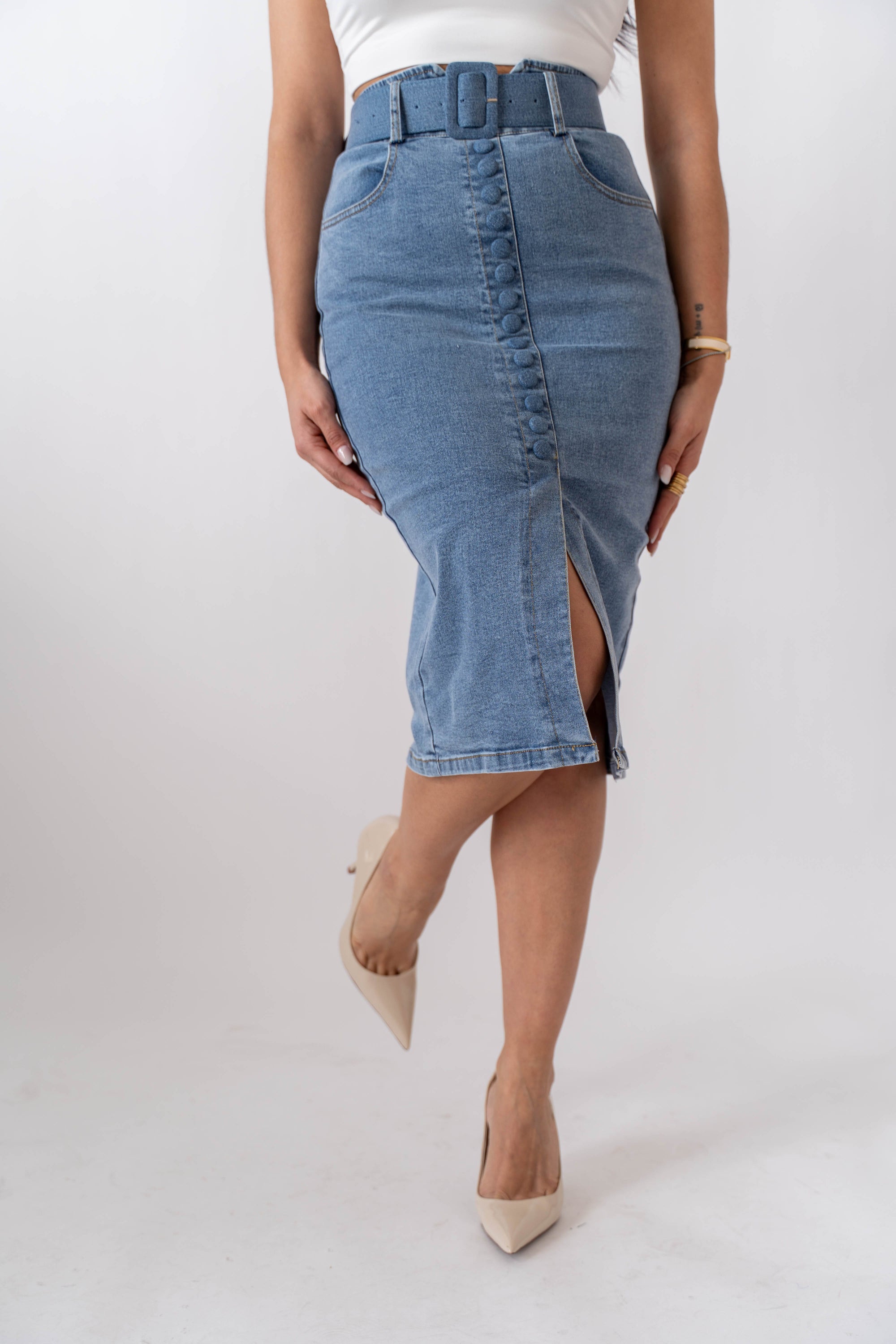Gonna Longuette In Denim Con Cintura - Stylish Moda