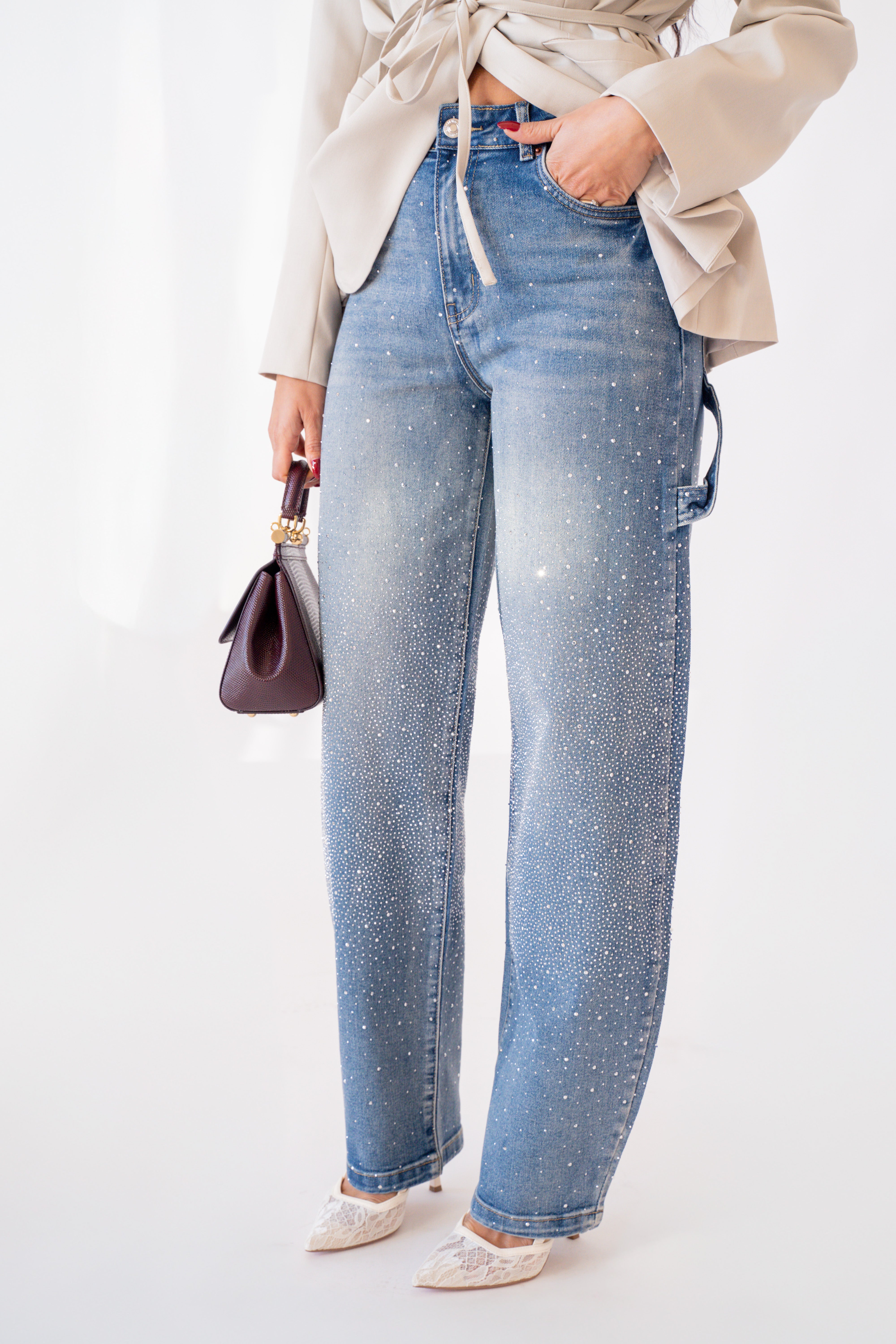 Jeans Wide Balloon Con Strass