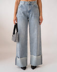 Jeans Wide Leg Con Piegone E Strass