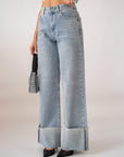 Jeans Wide Leg Con Piegone E Strass