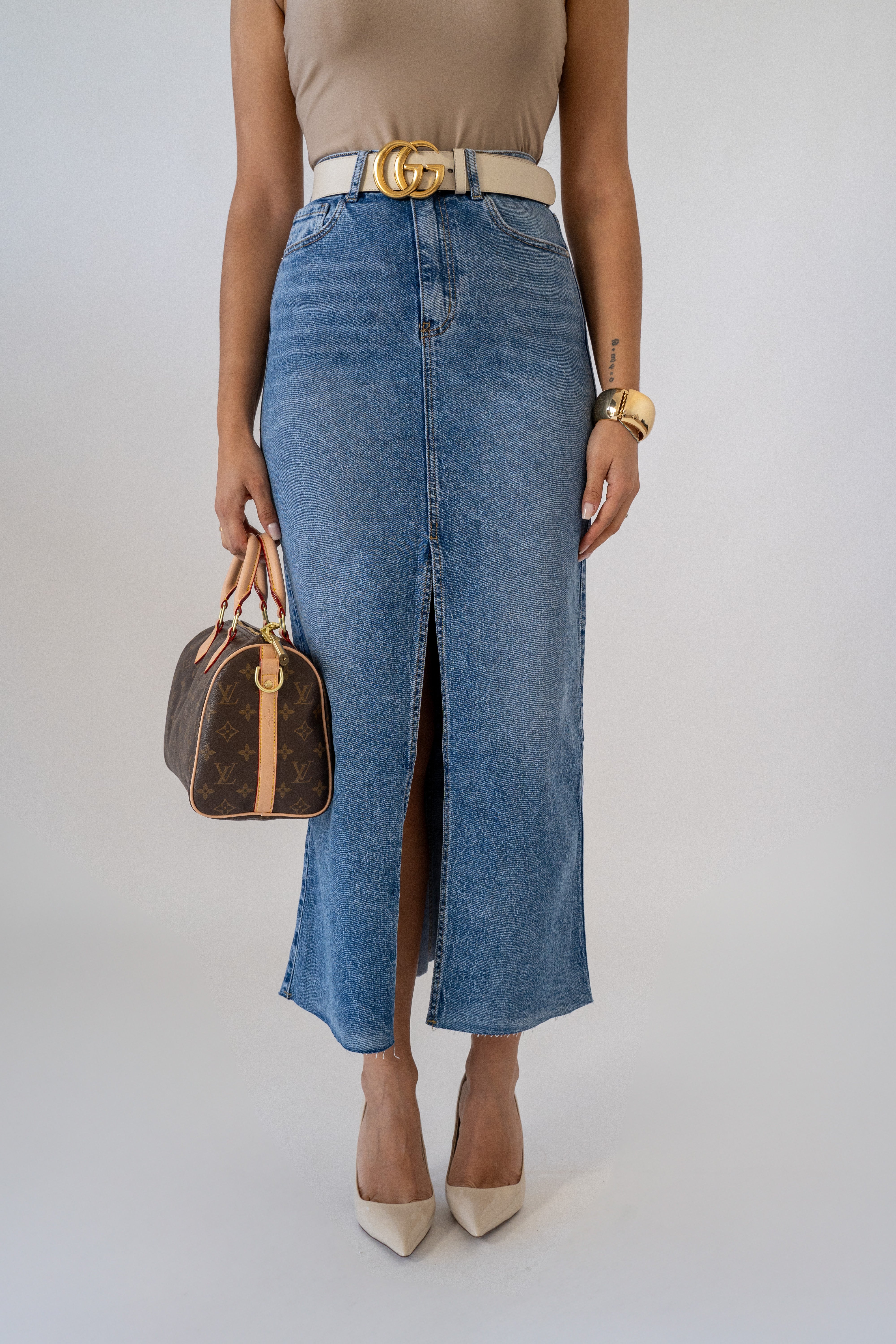 Gonna Longuette In Denim Con Spacco