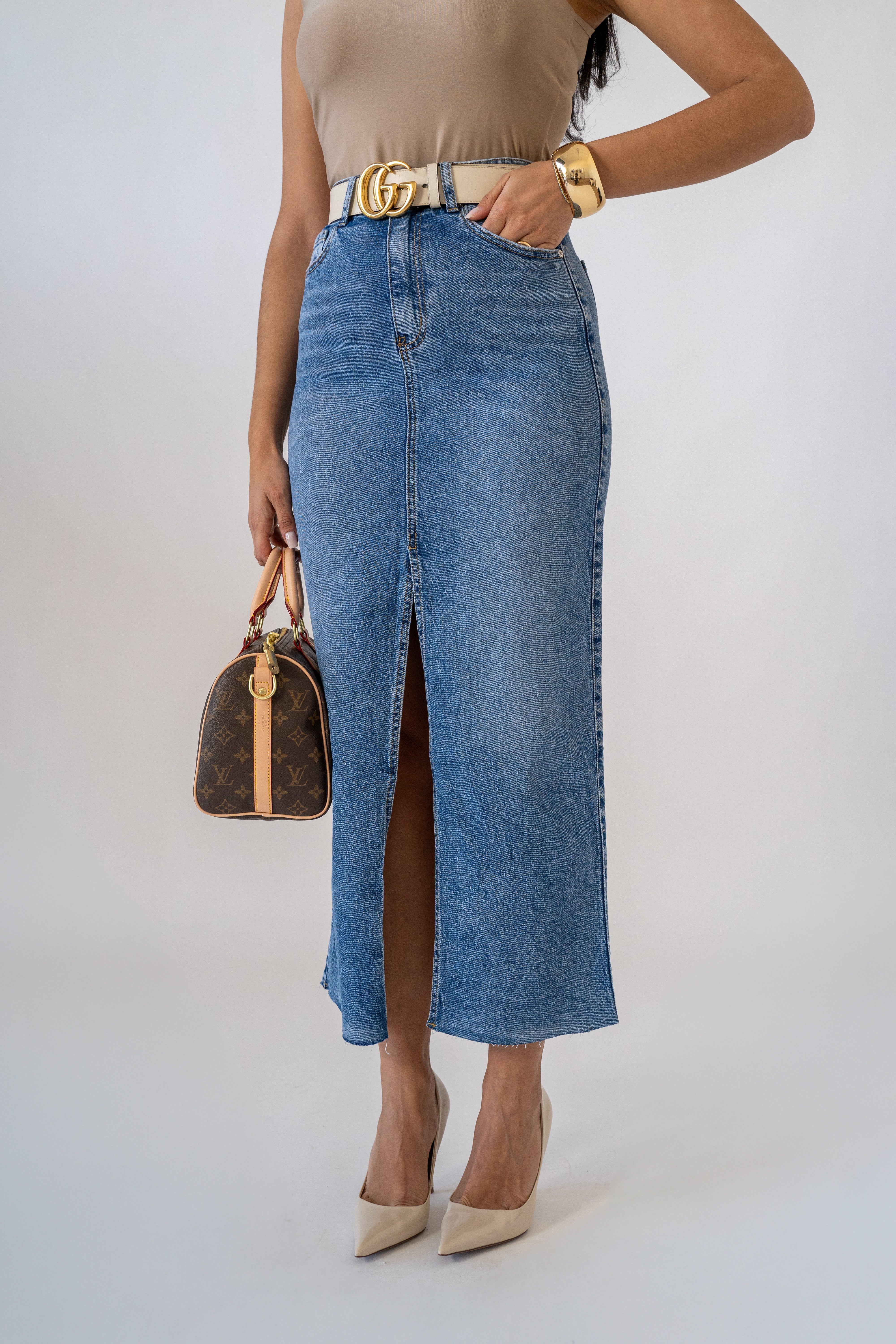 Gonna Longuette In Denim Con Spacco