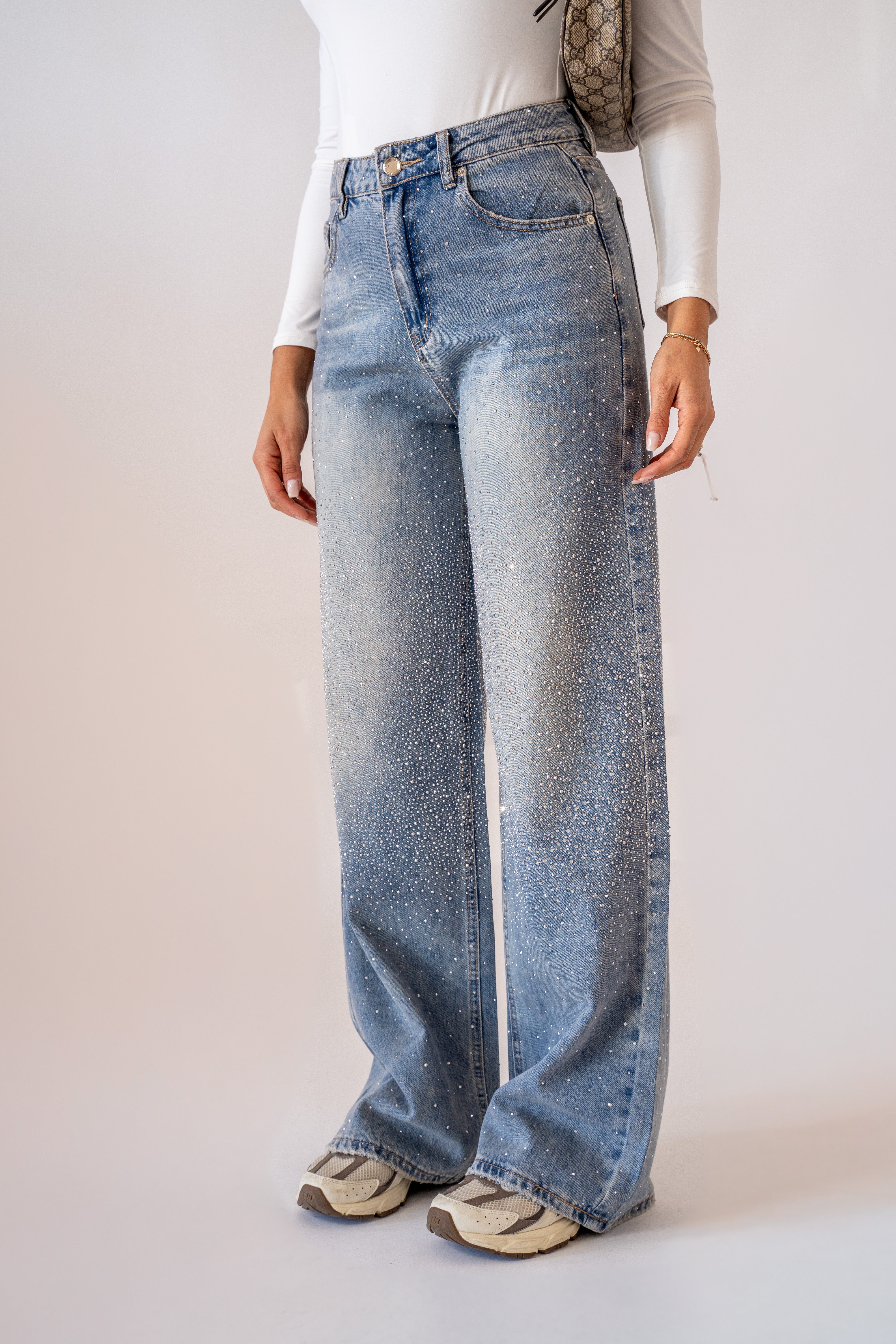 Jeans Gamba Larga Con Strass