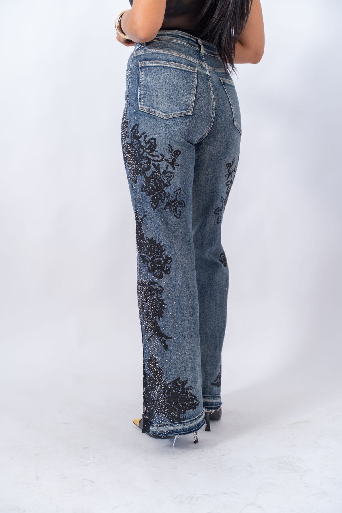 Jeans Wide Leg Roses Glitter