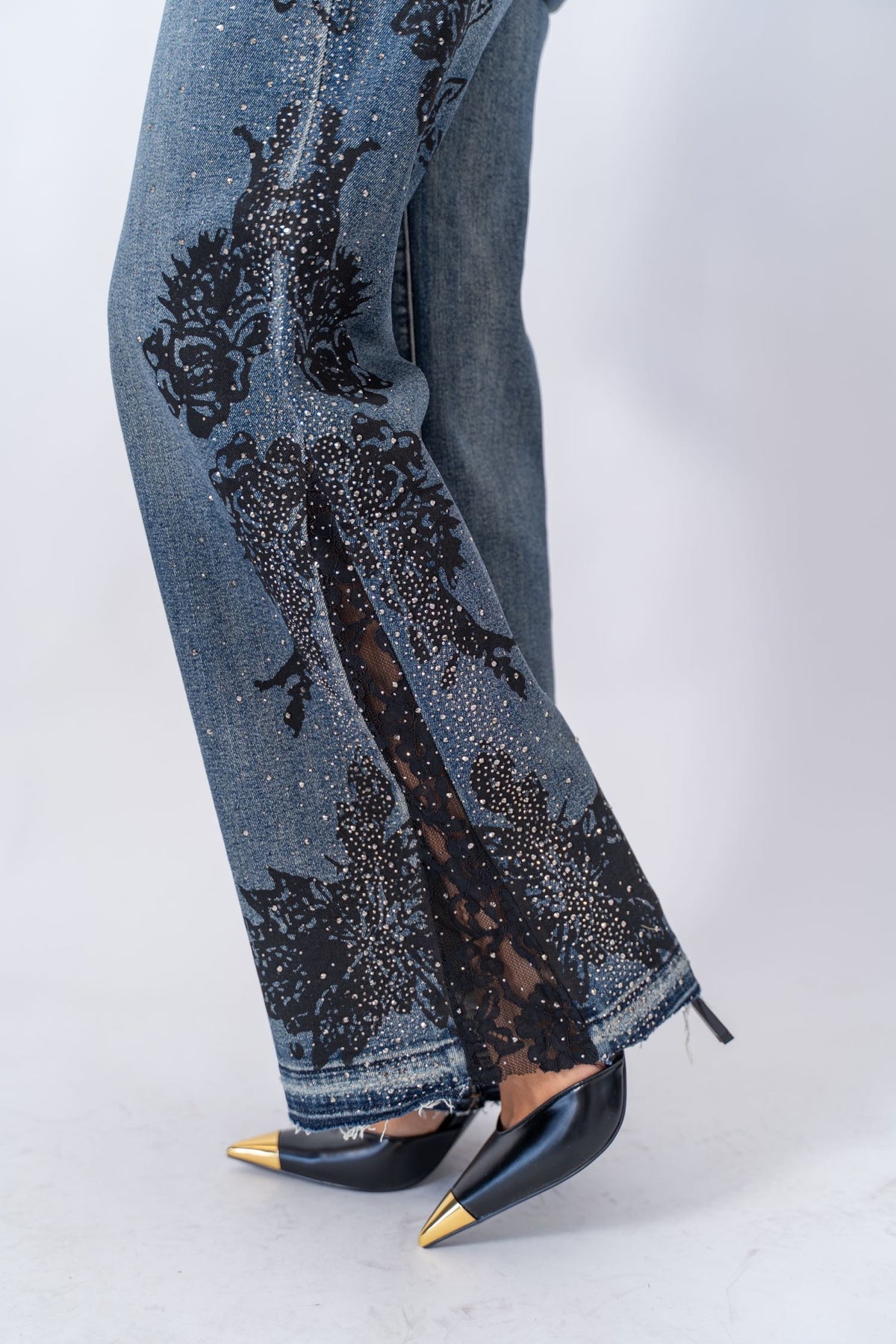Jeans Wide Leg Roses Glitter