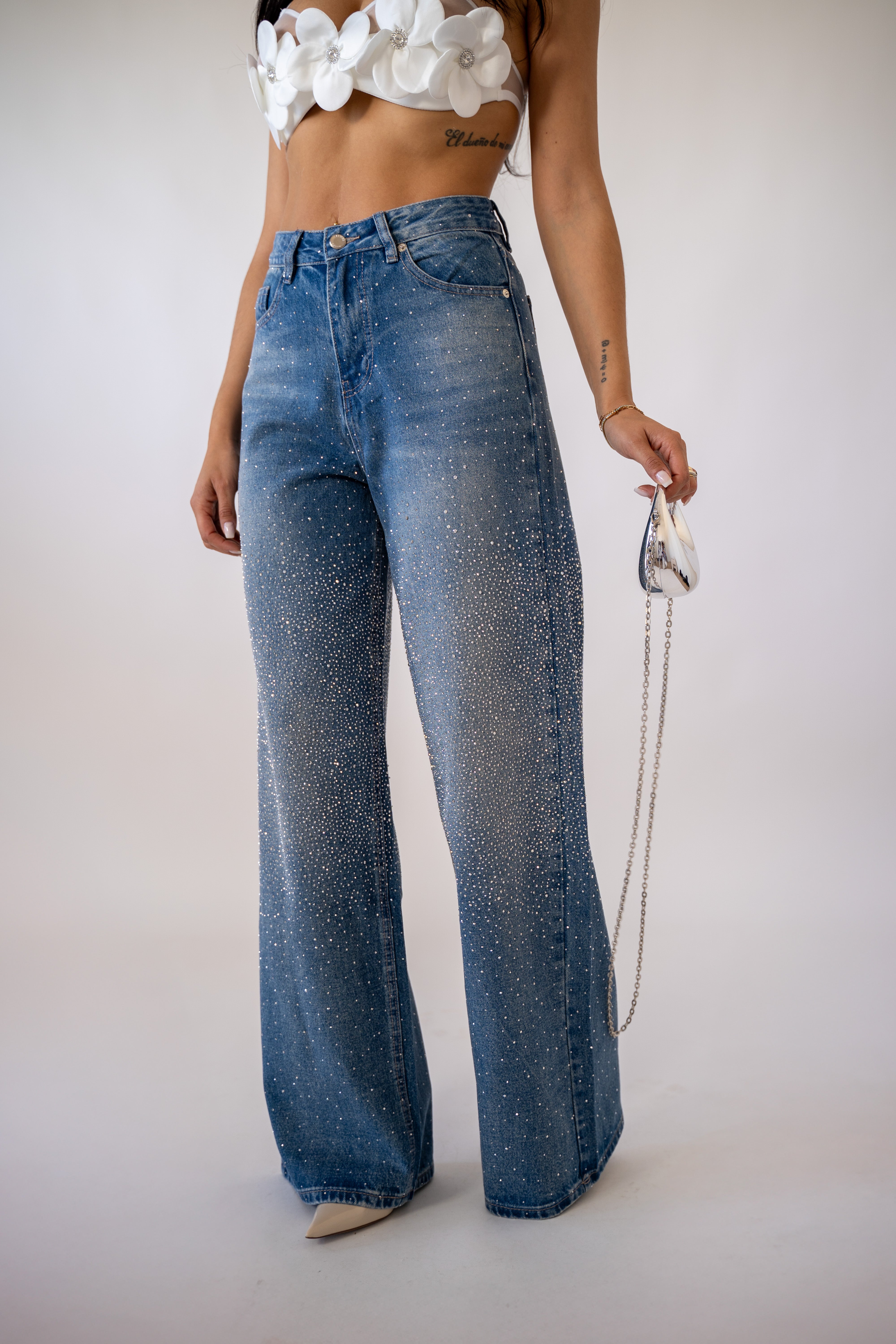 Jeans Wide Leg Con Strass