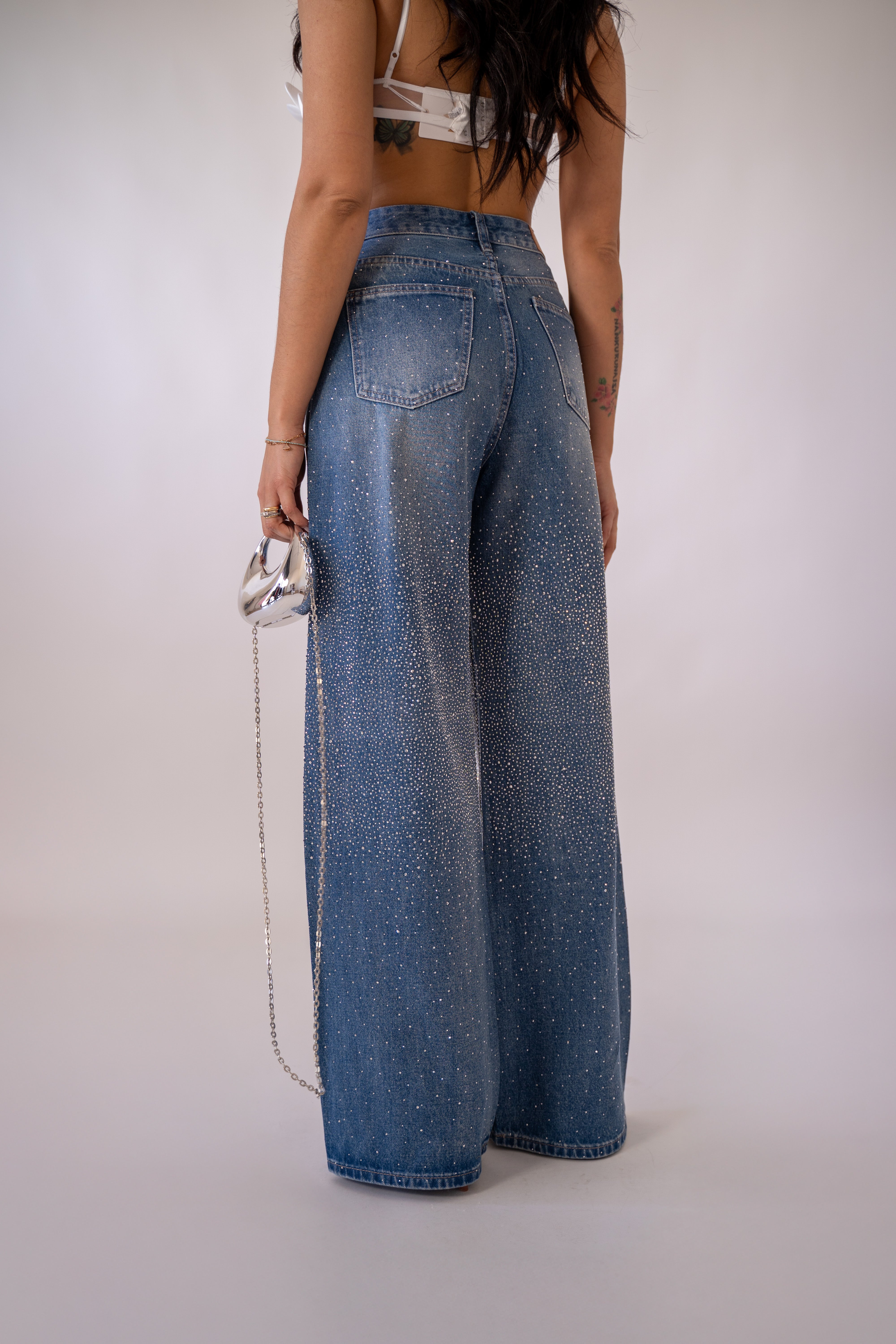 Jeans Wide Leg Con Strass
