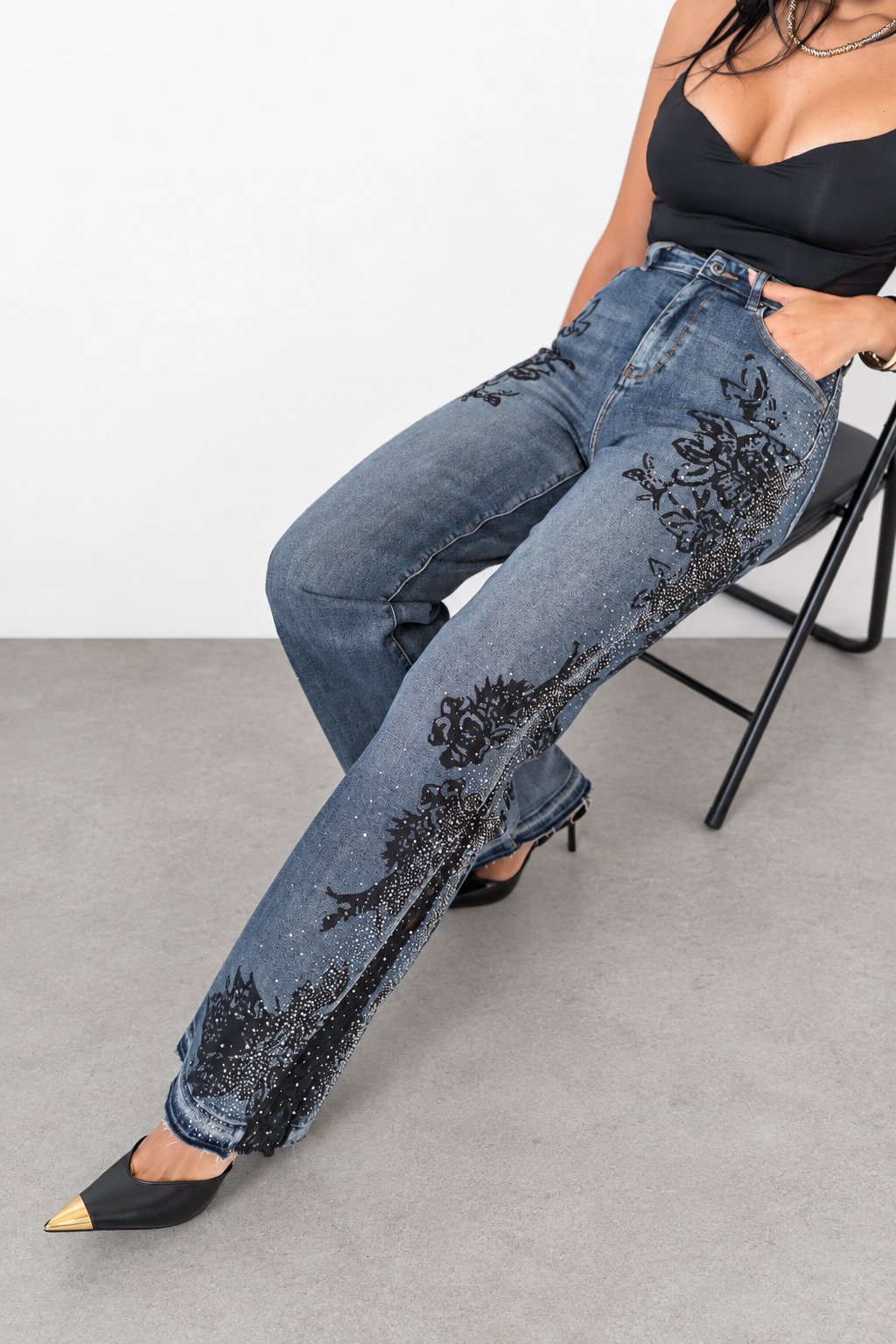 Jeans Wide Leg Roses Glitter