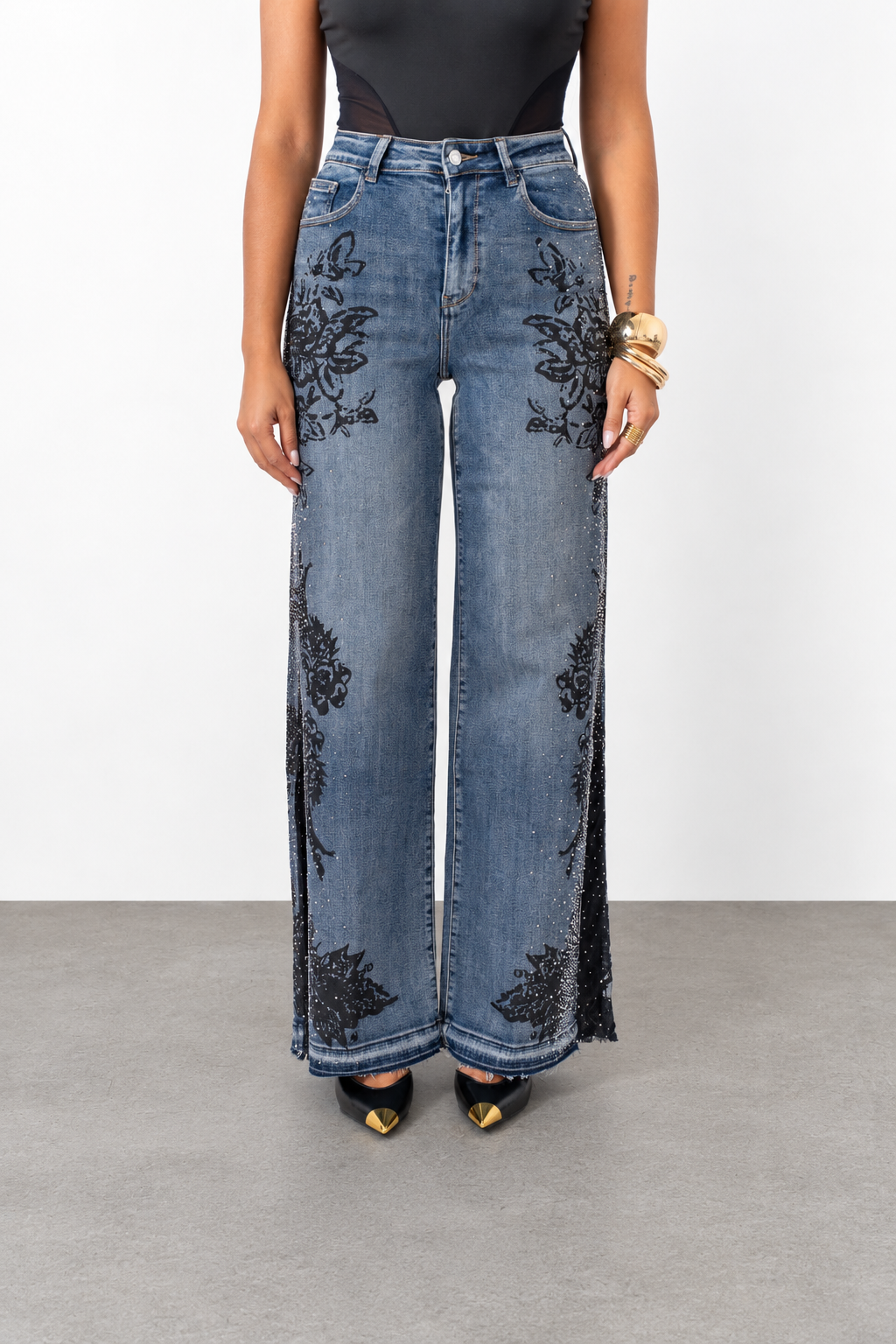 Jeans Wide Leg Roses Glitter