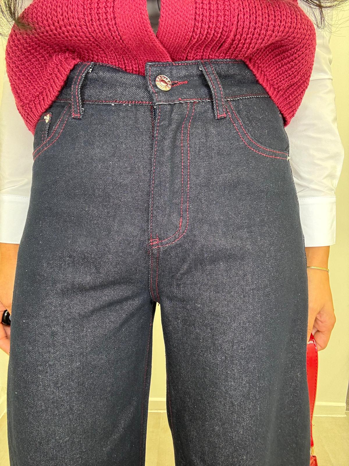 Jeans Palazzo Con Cuciture Rosse